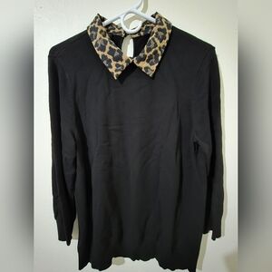 Talbots Black Sweater with Leopard Print Collar